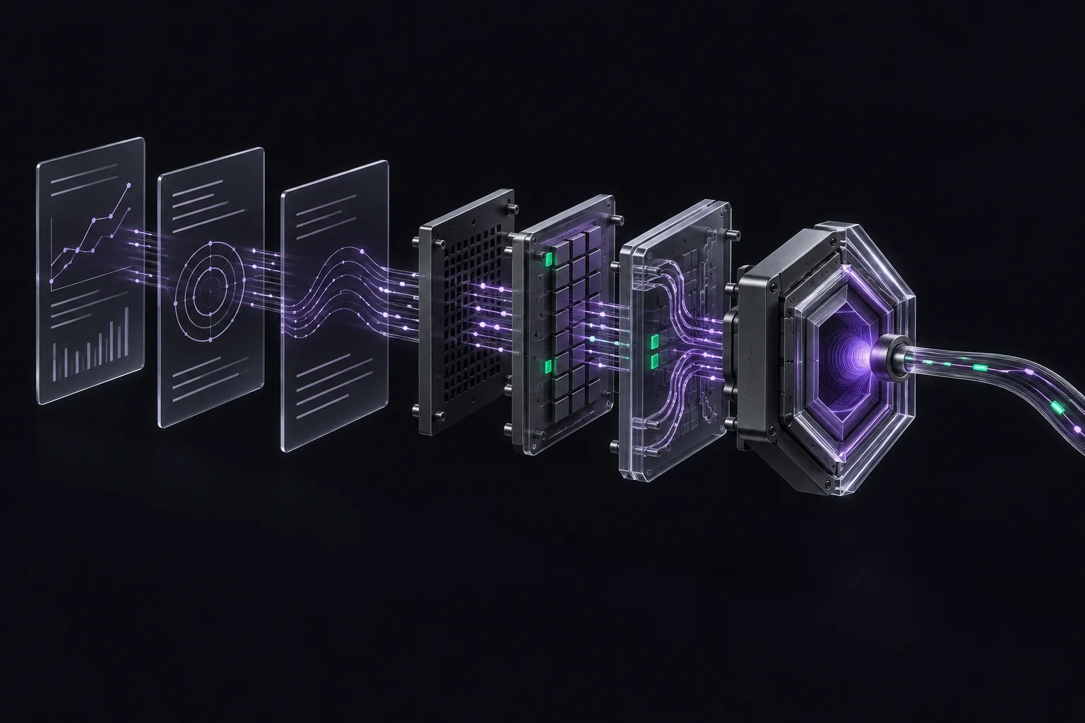 Illustration: research papers resolve into computational wafers and assemble into a single hexagonal output — research becoming usable infrastructure.