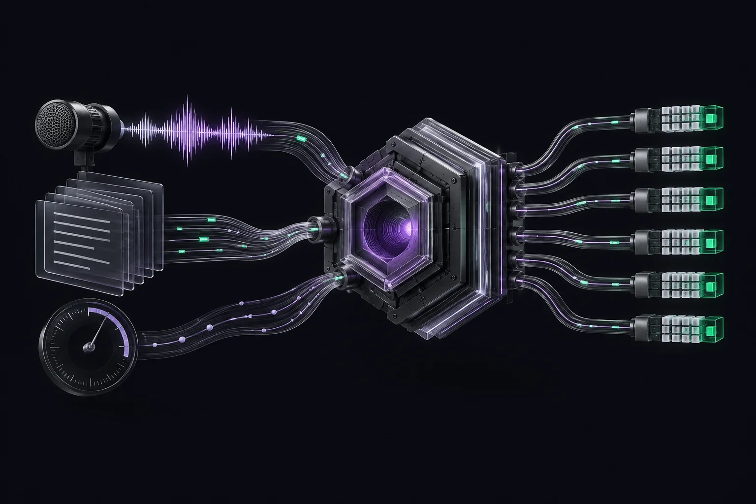Illustration: audio, documents and time inputs flow through a hexagonal processing core and emerge as rows of structured data blocks.